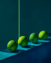 Limes, geometric shapes, dark blue and neon green, fluorescent light. Contemporary background. Fluorescent colors. Summer fruit.