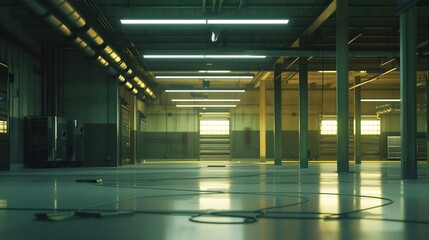 A clean industrial warehouse with lighting. : Generative AI