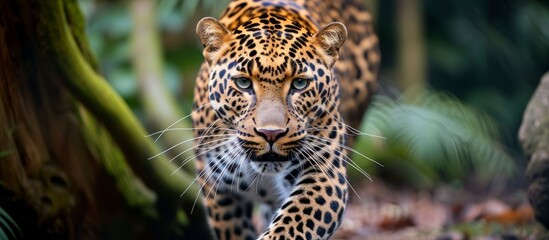 A carnivorous organism from the Felidae family, the leopard is a big cat with distinctive whiskers and a spotted fur coat. It is walking through the woods, its head turned towards the camera