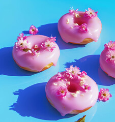Pink dounts with little flowers lay on top, bright blue background. Vibrant pastels. Pop art food photography. Spring cosmetic concept.