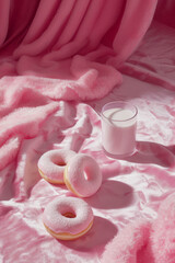 Donuts and milk on a pink carpet with velevet curtain. Pop art. Pink girl aesthetic. Romatic idea. Sweet food.