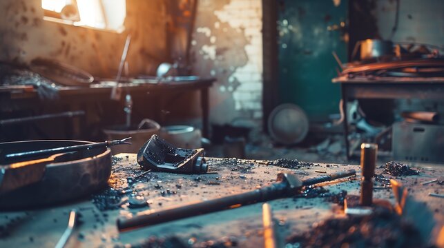 Foundry, workshop and metal tools on desk for industry, manufacturing and manual labor. Industrial factory, welding workspace and table for steel, iron and production for maintenance c : Generative AI