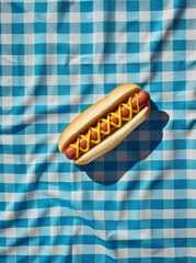 Hot dog on blue checked tablecloth. Iconic pop culture references. Retro vintage vibe fast food...