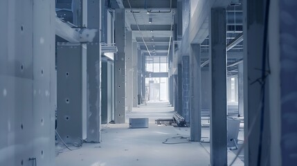 Unfinished interior of business center under construction in grey colours : Generative AI