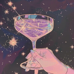 Hand holding a pink cocktails, sparkling summer night background. Romantic 80s, 90s aesthetic. Happy life romantic idea.