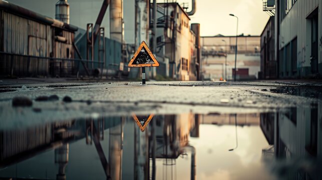 An old abandoned industrial area. Factory buildings or factories. Puddles and road signs. : Generative AI