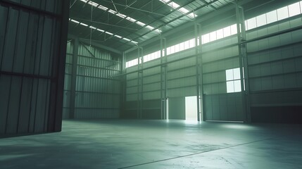 Empty industrial building. Hangar with high ceiling. Business premises. Factory building view from...