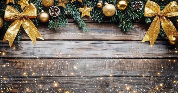 Golden Christmas Ornament Amidst a Gentle Snowfall, Set Against a Vintage Wooden Background, Evoking Nostalgic Holiday Charm. Made with Generative AI Technology