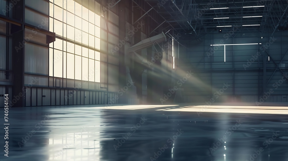 Poster empty industrial building. spacious hangar without anyone. empty factory with concrete floor. hangar