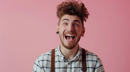 Cheerful hipster guy smiles happily has excited expression dresssed casually celebrates his anniversary or promotion at work isolated over pink studio background People youth emotions  : Generative AI - obrazy, fototapety, plakaty