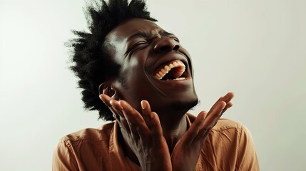 Positive and joyful Afro American male with fine crop of hair bursting into laughing holding his hands on stomach cant stopping laughing after hearing funny anecdote Positive emotions  : Generative AI