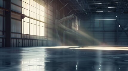 Empty industrial building. Spacious hangar without anyone. Empty factory with concrete floor. Hangar with high roof. Location for production equipment. Industrial background. 3d image : Generative AI - obrazy, fototapety, plakaty
