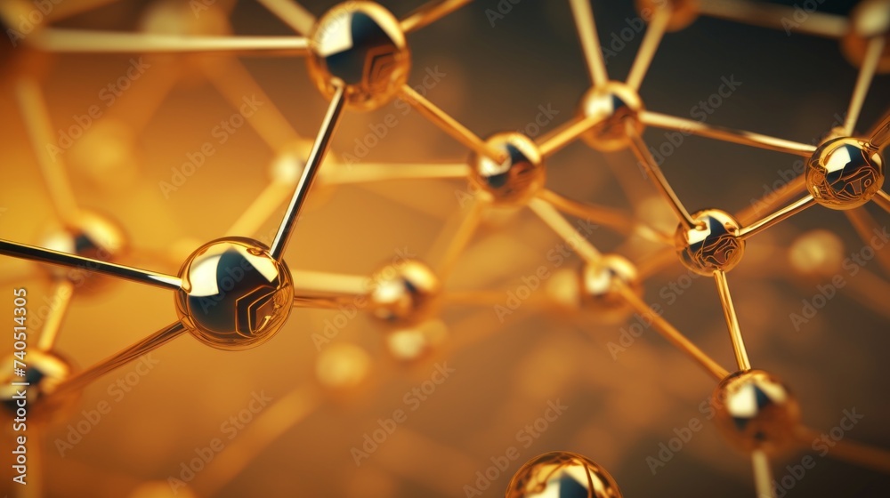 Aufkleber Abstract background with a golden structure of a molecule with atoms under a microscope. Genetics, Biotechnology, Microbiology, Scientific Technologies, Medicine concepts.