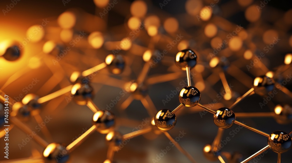 Poster Abstract background with a golden structure of a molecule with atoms under a microscope. Genetics, Biotechnology, Microbiology, Scientific Technologies, Medicine concepts.