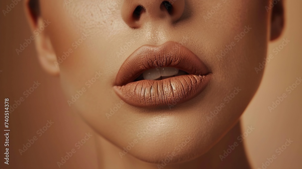 Wall mural Perfect woman face portrait lips with fashion natural beige matte lipstick makeup Beauty brunette sexy model girl with beautiful skin close up Manicure beautiful nails : Generative AI