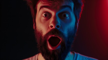 Close up shot of emotive shocked bearded young male opens mouth widely stare at camera points upwards aside at blank space says Wow its something unbelievable People and emotions conce : Generative AI