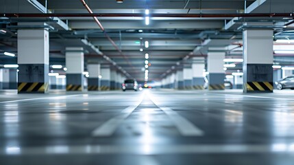 Dark parking garage industrial room interior. Zoom blur perspective. : Generative AI