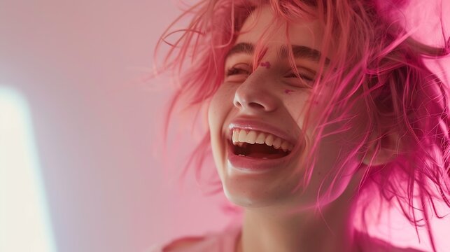 Picture of stylish trendylooking young woman of European appearance wearing her messy pastel pink hair to the side smiling broadly demonstrating her perfect white teeth Youth and happi : Generative AI