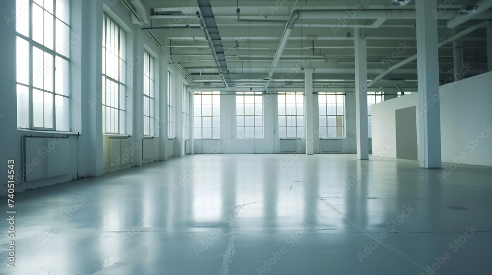 Aufkleber Empty industrial building with concrete floors, awaiting new coverage with large windows and white technical ceiling : Generative AI