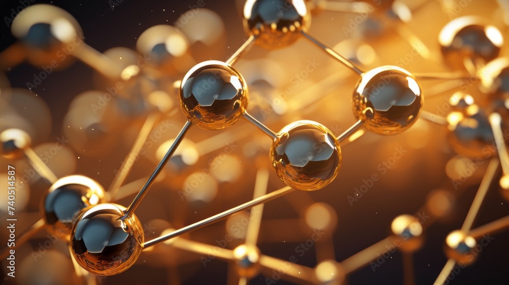 Poster Abstract close-up photo of a golden structure of a molecule with atoms, neural connections under a microscope. Genetics, Biotechnology, Microbiology, Scientific Technologies, Medicine concepts.