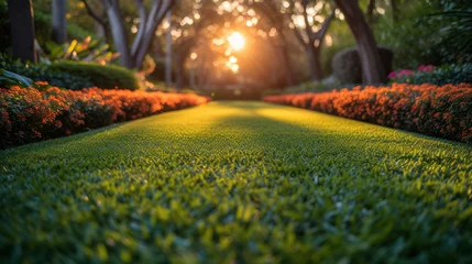 Fototapeten A macro shot of a perfectly manicured lawn highlighted by a perfectly symmetrical arrangement of ornamental trees and sculpted bushes creating a stunning visual effect against © Justlight