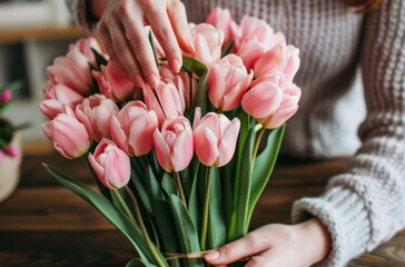 Artisan Florist Preparing a Bouquet of Fresh Pink Tulips on a Rustic Wooden Table