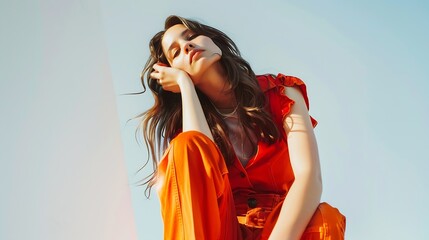 Fashion Model girl full length portrait isolated on white background Beauty stylish woman proposing product advertising gesture Fashionable clothes in studio Casual style High fashion  : Generative AI