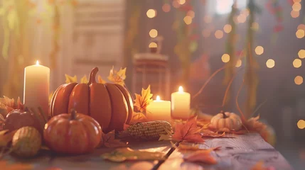  Happy Thanksgiving Day background wooden table decorated with Pumpkins Corncob Candles and autumn leaves garland Beautiful Holiday Autumn festival concept scene Fall Harvest : Generative AI © Generative AI