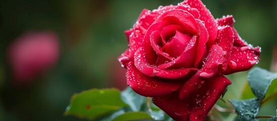 Vibrant red rose with fresh water droplets glistening in the sunlight