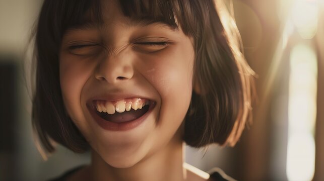 Positive human emotions Headshot of happy emotional teenage girl with bob haircut laughing from the bottom of her heart keeping eyes closed showing perfect white teeth while having fun : Generative AI