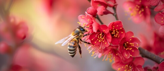 Beautiful honeybee collecting nectar from vibrant red flower in garden on a sunny day
