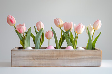 composition Easter eggs painted pastel colors and pink tulips in wooden box. Easter card