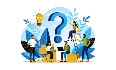 FAQs, often asked questions, problem-solving advice, solution or q&a sessions, and businesspeople with question marks and lightbulb bubbles are examples of Q&A formats.
