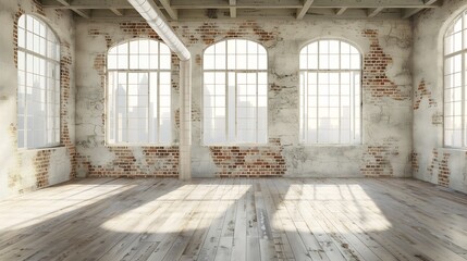 Empty, loft industrial grunge interior. Old brick walls and big windows. Interior concept background .3d Render : Generative AI - obrazy, fototapety, plakaty