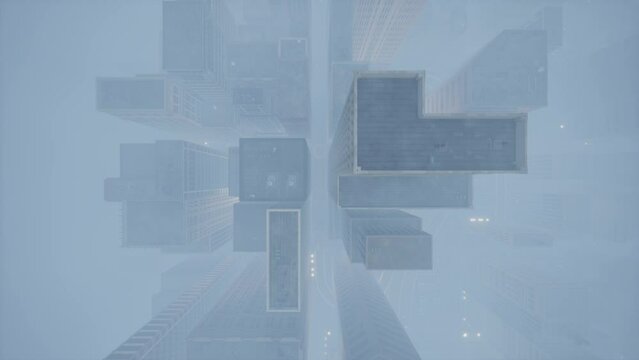 The camera flies over the huge high-rises of a modern business district through the fog.
