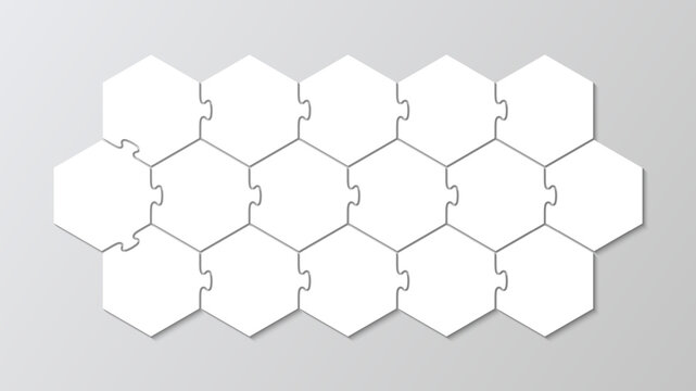 Hexagon puzzle infographics with 16 pieces. Jigsaw business chain infographic. Process diagram with steps, parts. Business presentation info graphic. Puzzle hexagonal grid. Vector illustration