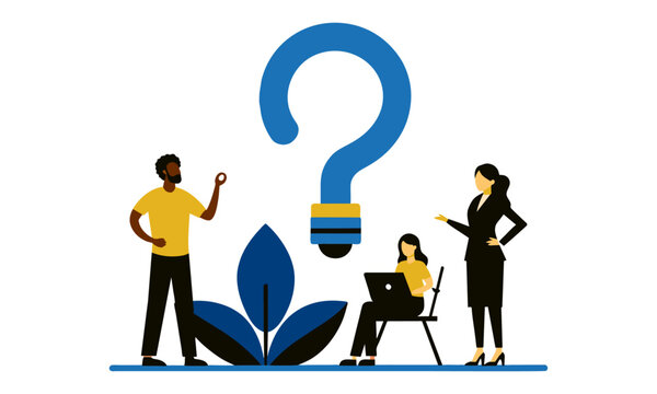 FAQs, often asked questions, problem-solving advice, solution or q&a sessions, and businesspeople with question marks and lightbulb bubbles are examples of Q&A formats.