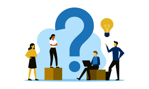 FAQs, often asked questions, problem-solving advice, solution or q&a sessions, and businesspeople with question marks and lightbulb bubbles are examples of Q&A formats.