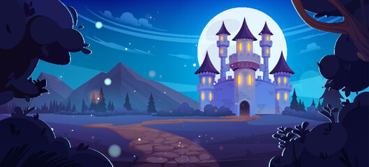 Road leading to fairytale medieval castle with stone walls, high towers, windows and gate doors at night. Cartoon dusk landscape with royal palace standing near mountain foot under full moon light.