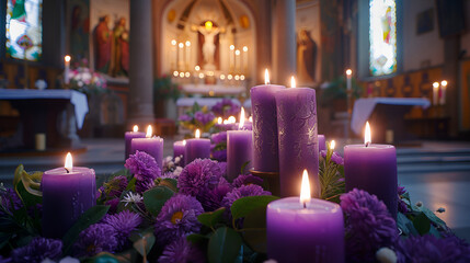 Purple candles on an Ash Wednesday altar, no people, tranquil and holy ambiance, soft glow from the candles illuminating the church's ancient architecture. generative ai - obrazy, fototapety, plakaty
