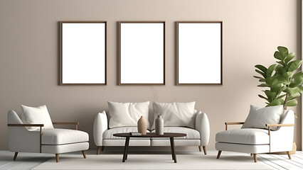 Mockup of 3 empty painting frames in a neutral living room.