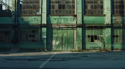 Facade of an old abandoned factory. Empty industrial area. A green brick building with large broken windows. Asphalt road and parking for cars. : Generative AI