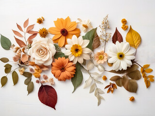 Flowers composition on a white wooden background. Flat lay, top view.