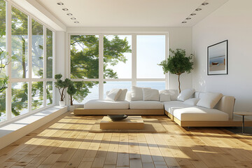 modern living room. white theme with wooden floor, big glass window and green environment
