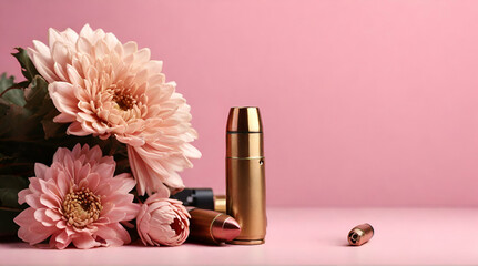 Bullet cartridge cases and beautiful chrysanthemum flowers on yellow background, space for text  generative ai   - obrazy, fototapety, plakaty