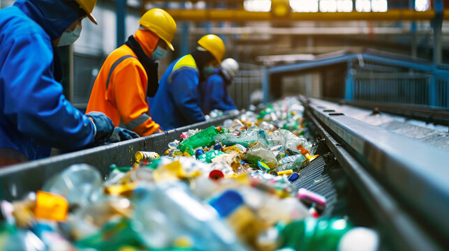 Two Men Sorting Plastic Bottles at Garbage Processing Plant