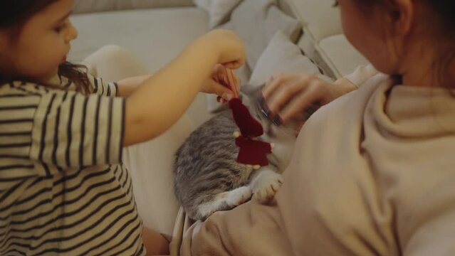 Mother with her baby daughter playing with cat on a sofa at living room. Happy family, Spendind free leisure time together with their pet at home.