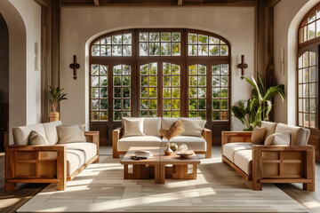 Living room with sunlight, big wooden window, and furniture