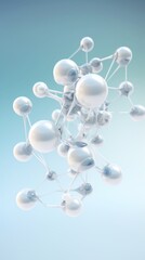 Abstract structure of a white molecule with atoms on a blue background. Genetics, Biotechnology, Microbiology, Scientific Technologies, Medicine concepts.