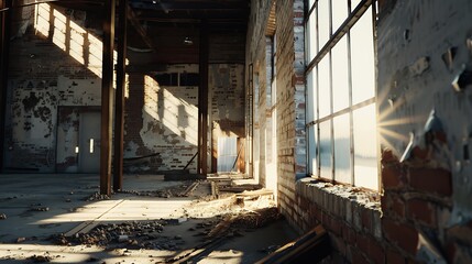 Old broken empty abandoned industrial building interior. : Generative AI